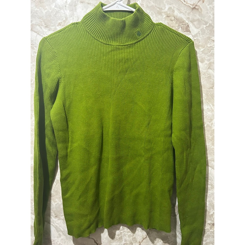 Lauren Ralph Lauren Lime Green Ribbed Mock Neck Cotton Sweater Womens Medium
